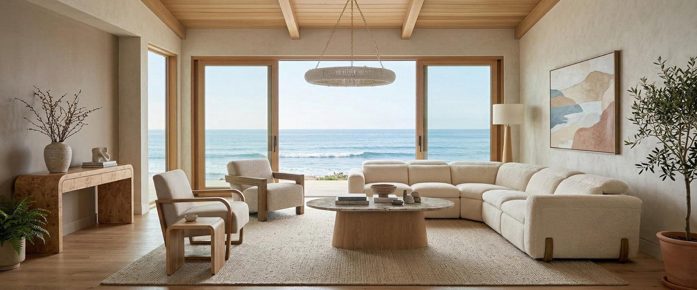 A Japandi living room from OROA balances low-profile seating, wood accents, and clean styling for a calm, elevated interior. | Oroa.com