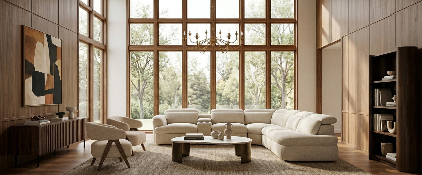Mid century modern living room by OROA with sculptural seating, wood accents, and clean lines that define a timeless interior. | Oroa.com