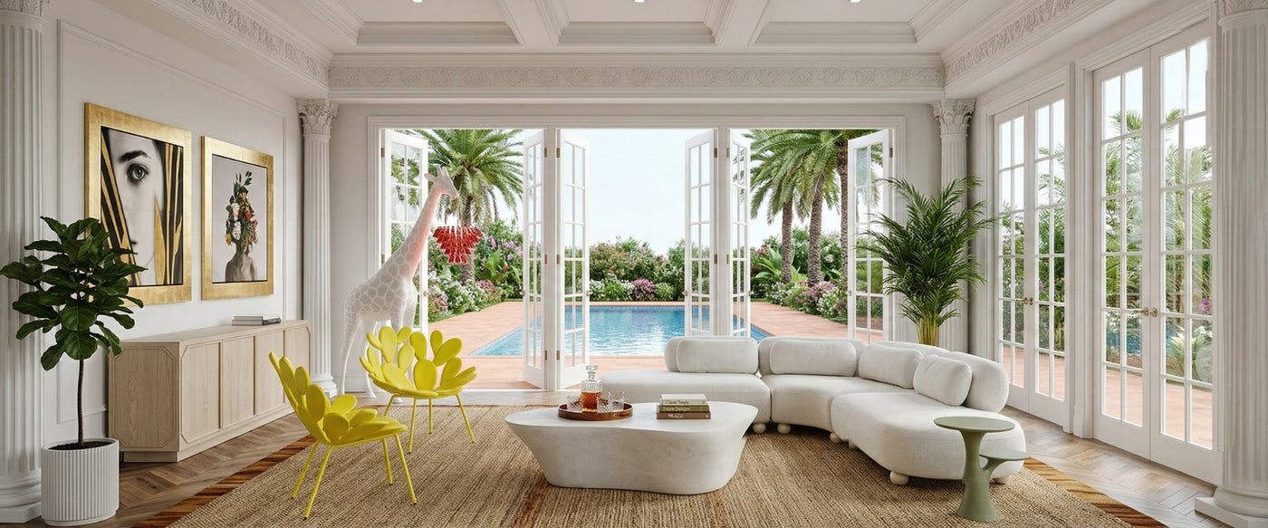 Miami Art Deco living room by OROA with curved seating, geometric accents, glossy finishes, and a glamorous coastal-inspired interior. | Oroa.com