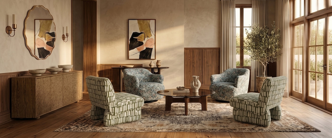 Past Meets Present living room with vintage-style seating and modern décor accents at OROA. | Oroa.com