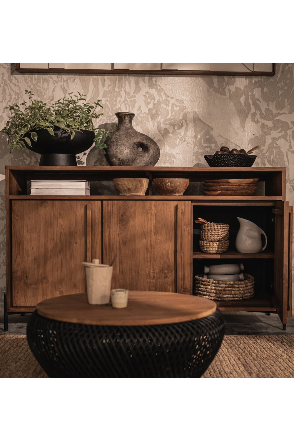 Wooden Farmhouse Sideboard With Open Rack | dBodhi Outline | OROA.com