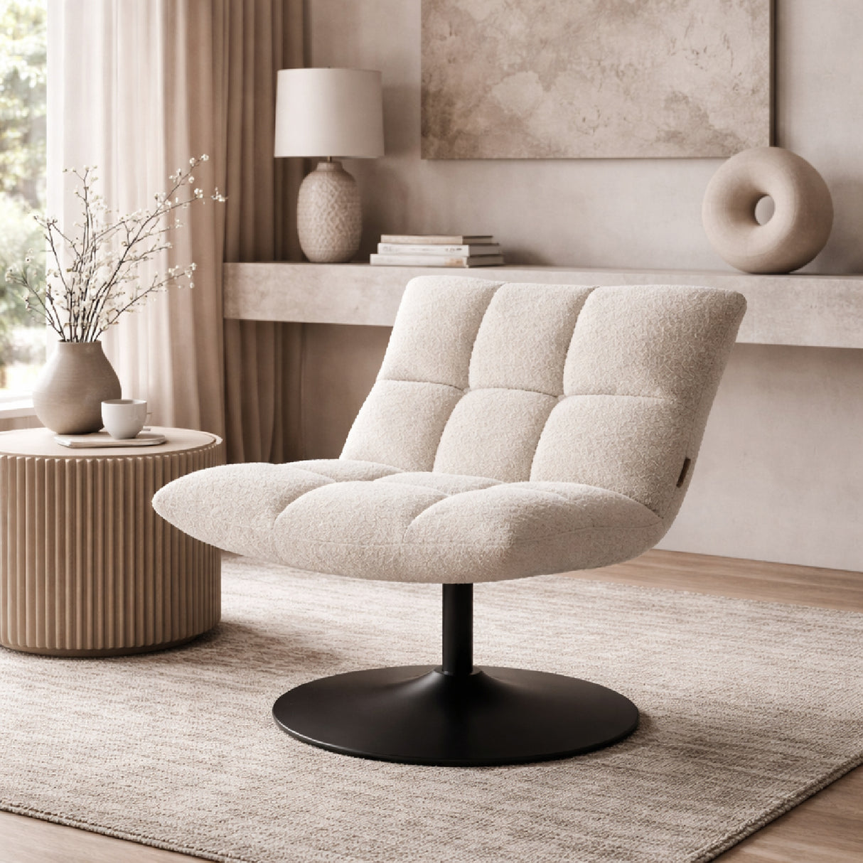 White Boucle Swivel Lounge Chair | Oroa.com