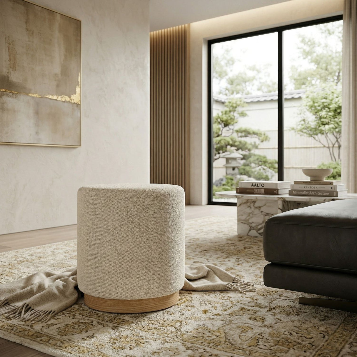 Cylindrical Beige Fabric Ottoman | Oroa.com