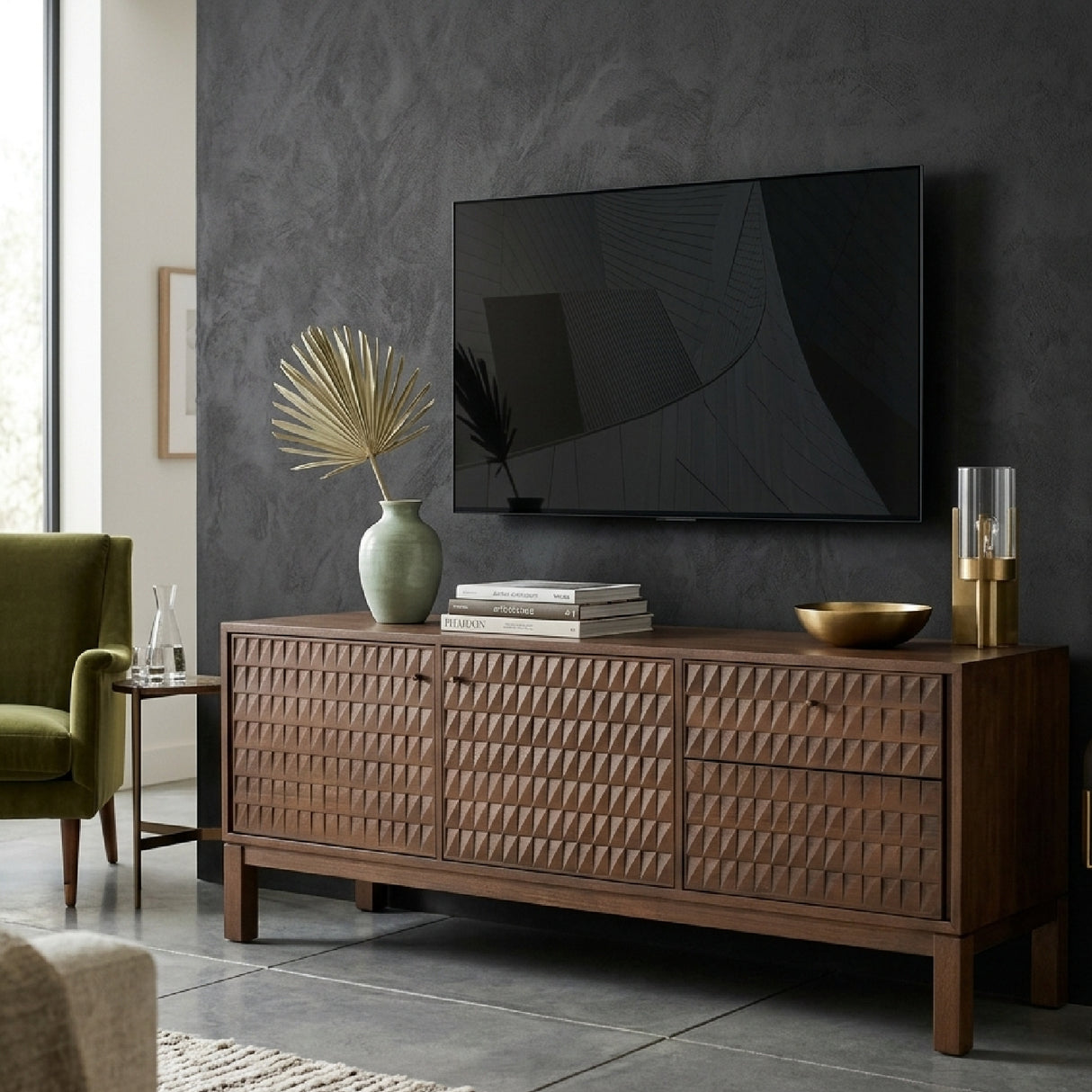 Modern European furniture - Brown Teak Carved TV Cabinet - www.oroa.com | Oroa.com