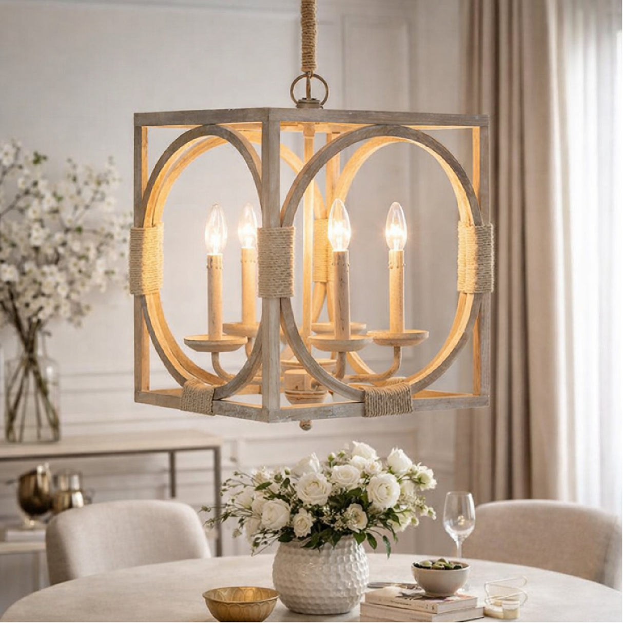 Modern European furniture - Whitewashed Wooden 4-Light Chandelier - www.oroa.com | Oroa.com
