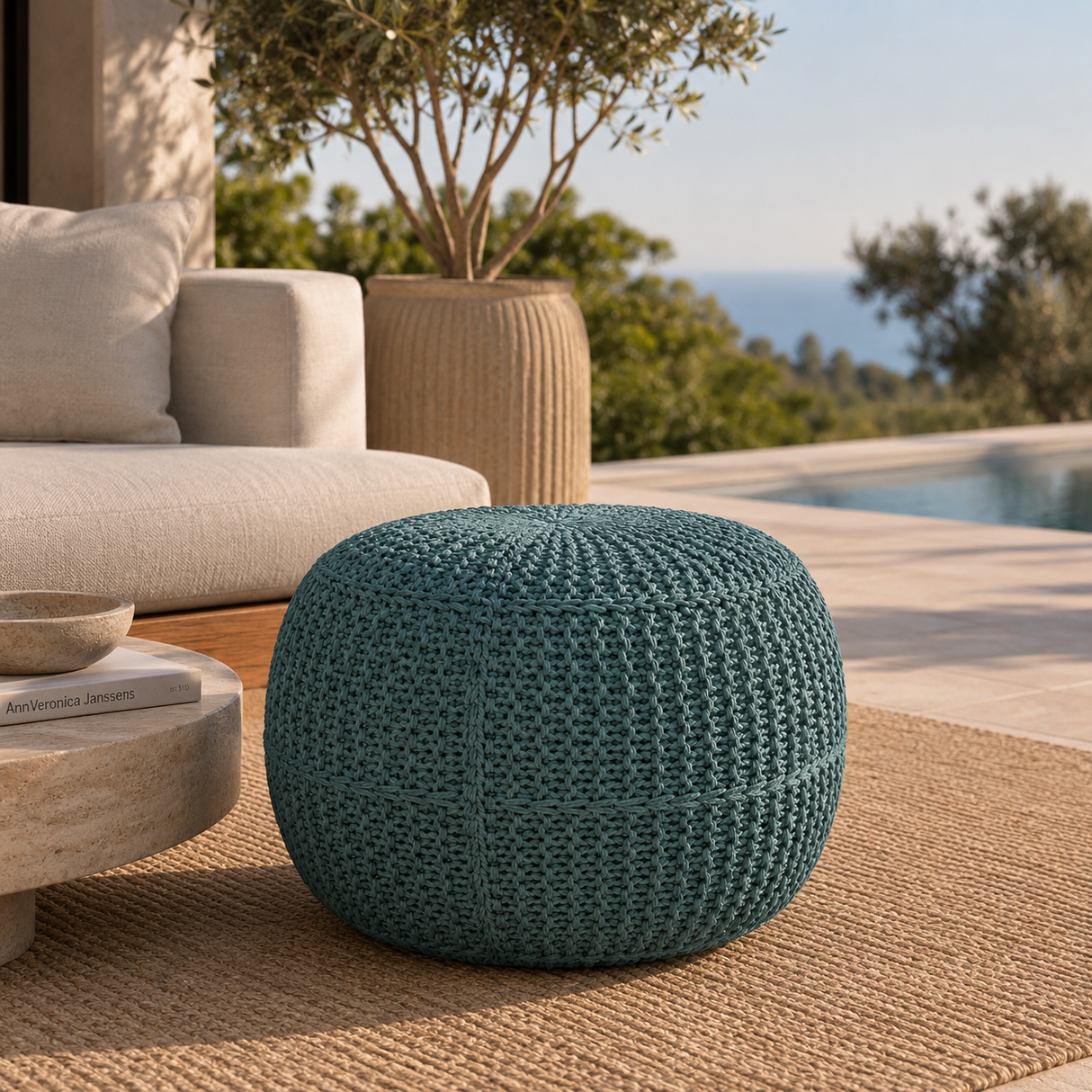 Modern European furniture - Blue Knitted Round Outdoor Pouf - www.oroa.com | Oroa.com