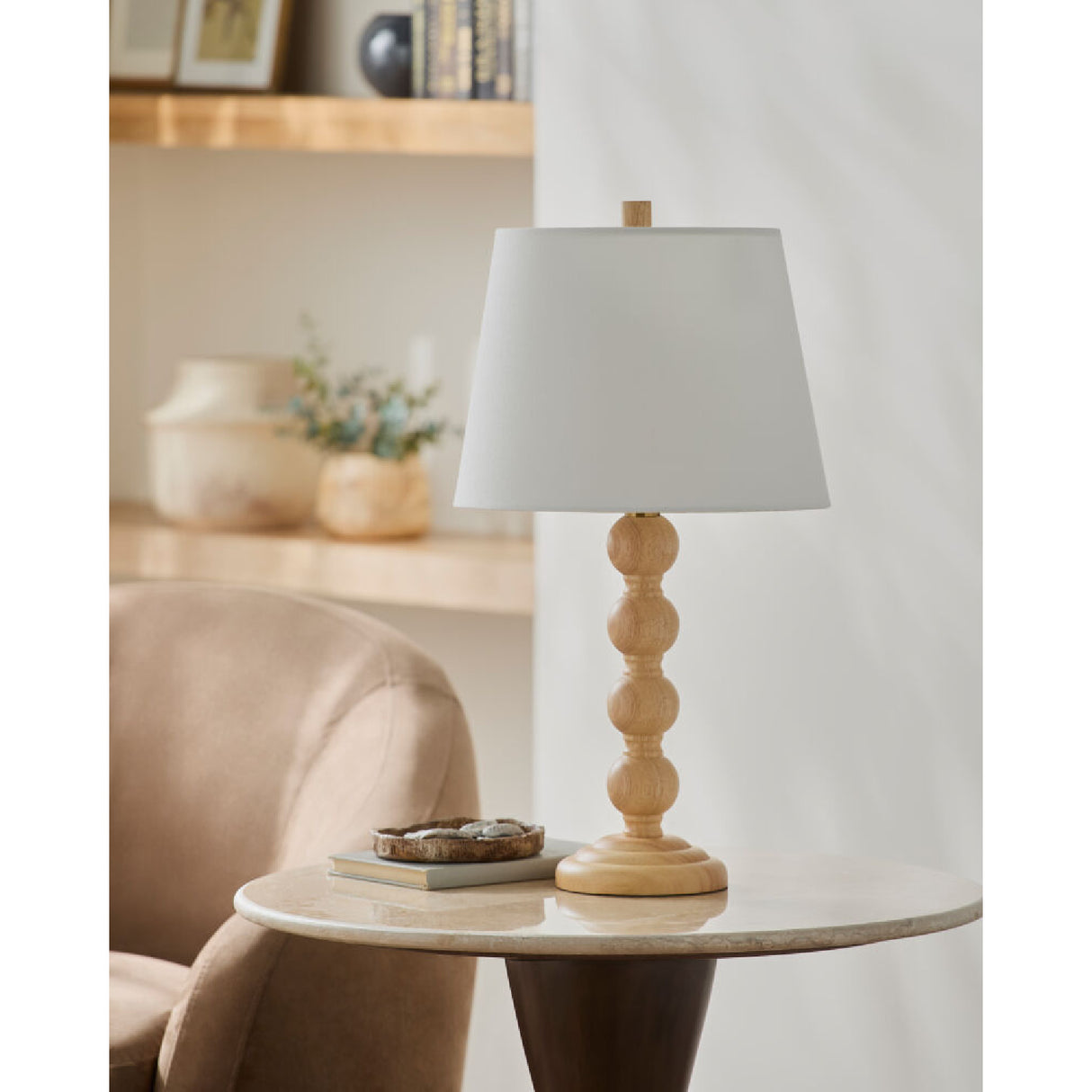 Rubberwood Beige Linen Table Lamp | Oroa.com