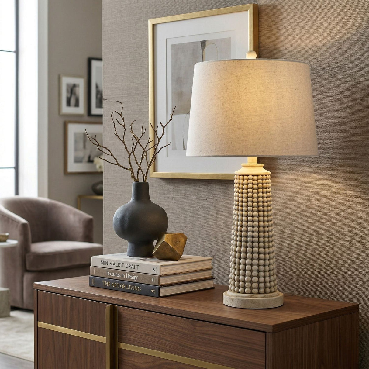 Modern European furniture - Beaded Beige Linen Table Lamp - www.oroa.com | Oroa.com