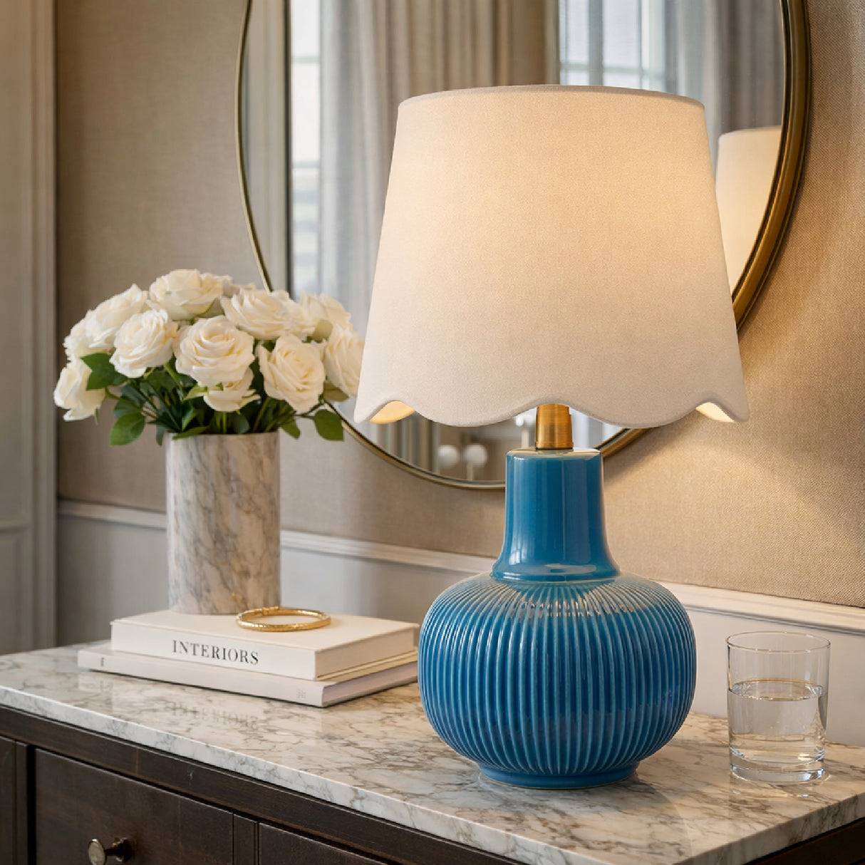 Modern European furniture - Scalloped White Linen Table Lamp - www.oroa.com | Oroa.com