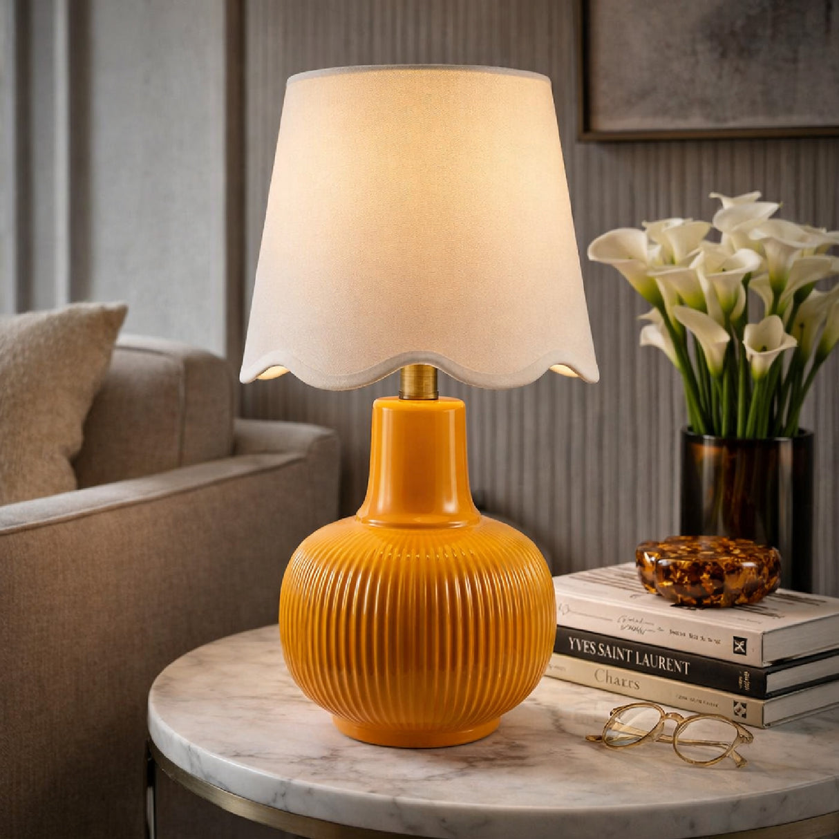 Modern European furniture - Scalloped White Linen Table Lamp - www.oroa.com | Oroa.com