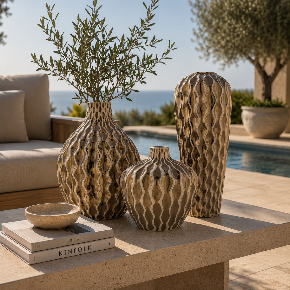 Modern European furniture - Gold Ceramic Outdoor Vase Set (3) - www.oroa.com | Oroa.com