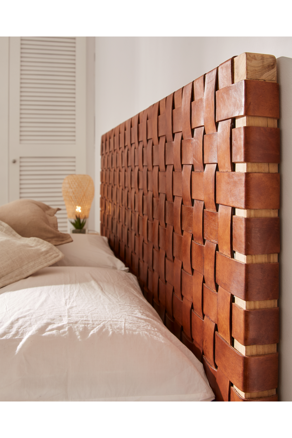 Woven Brown Leather Queen Headboard | Oroa.com