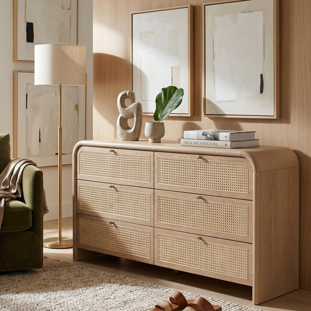 Oak Framed Cane 6-Drawer Dresser | Oroa.com