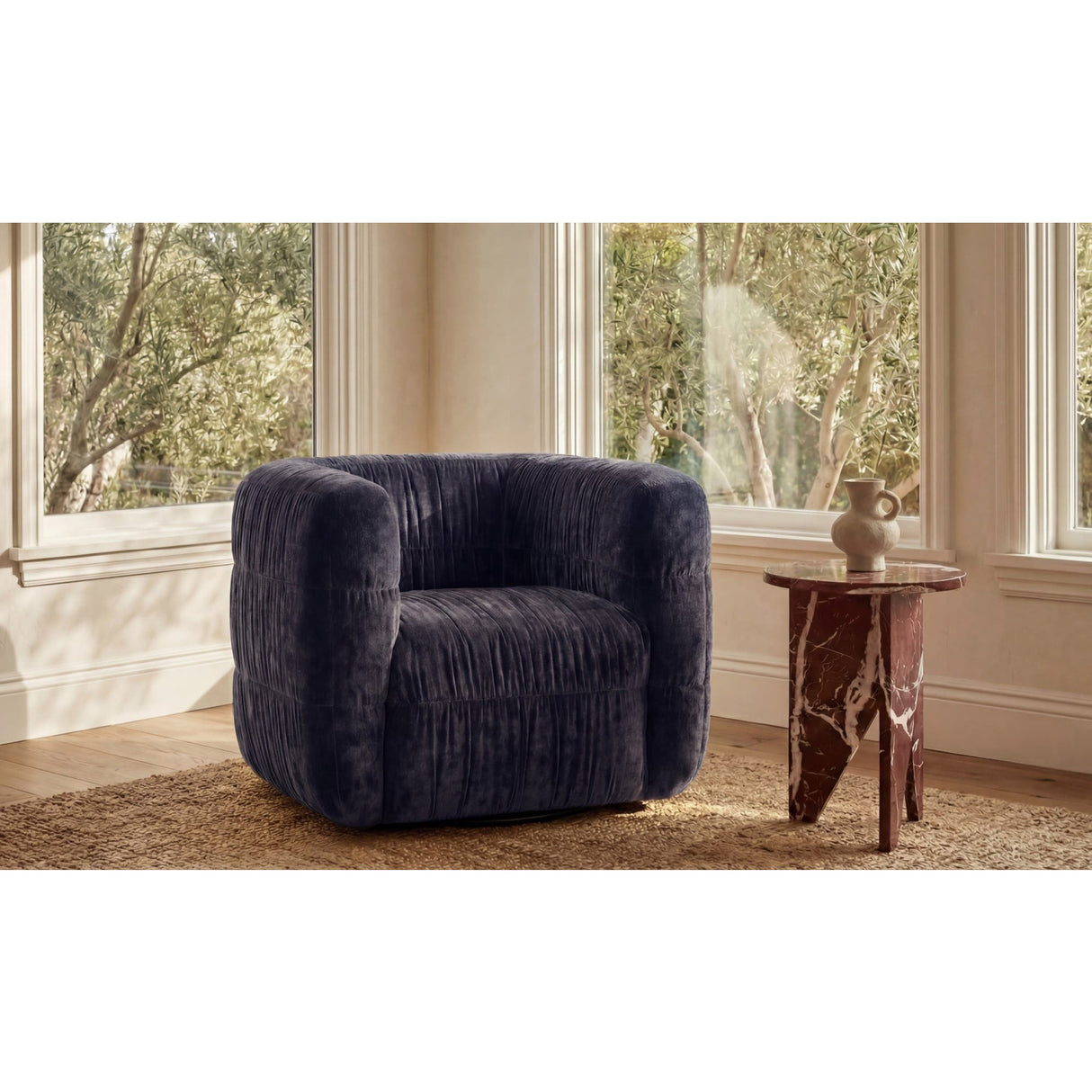 Blue Ruched Chenille Swivel Chair | Oroa.com