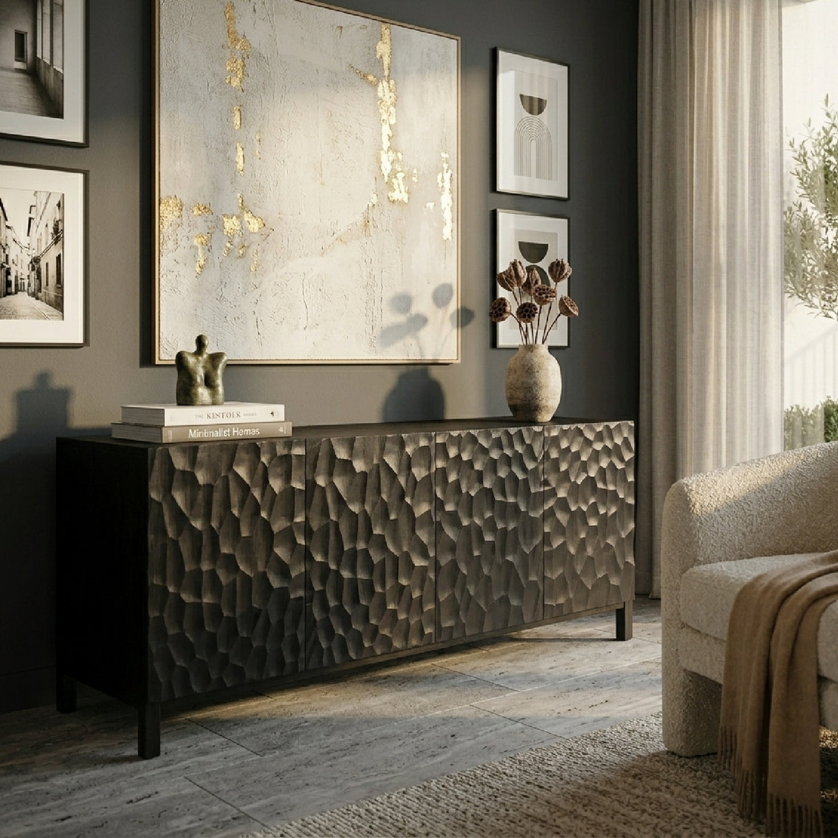 Modern European furniture - Black Oak Chiseled 4-Door Sideboard - www.oroa.com | Oroa.com