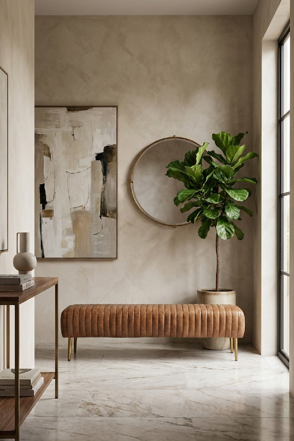 Modern European furniture - Ribbed Brown Leather Bench - www.oroa.com