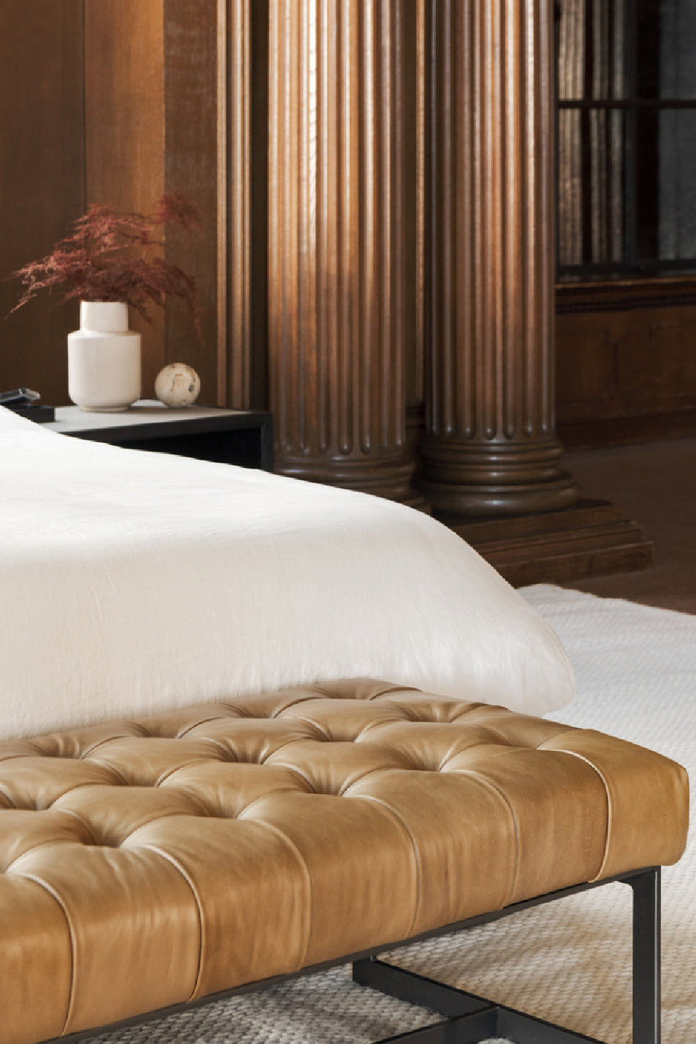 Modern European furniture - Tan Leather Tufted Bench - www.oroa.com