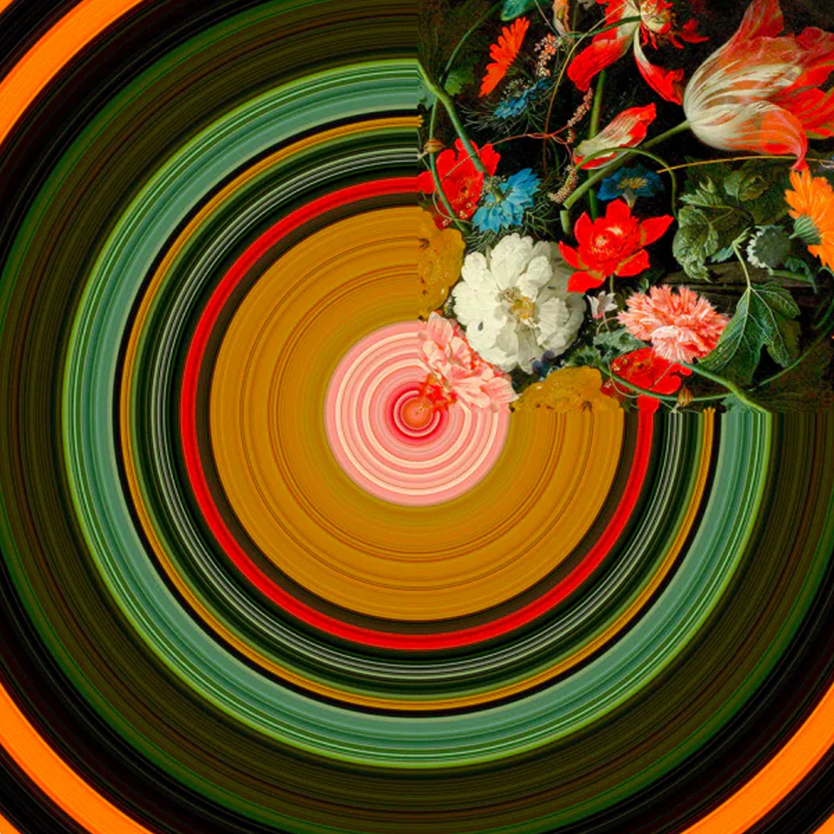 Multicolored Flowers Round Rug | Qeeboo Glitch | OROA.com