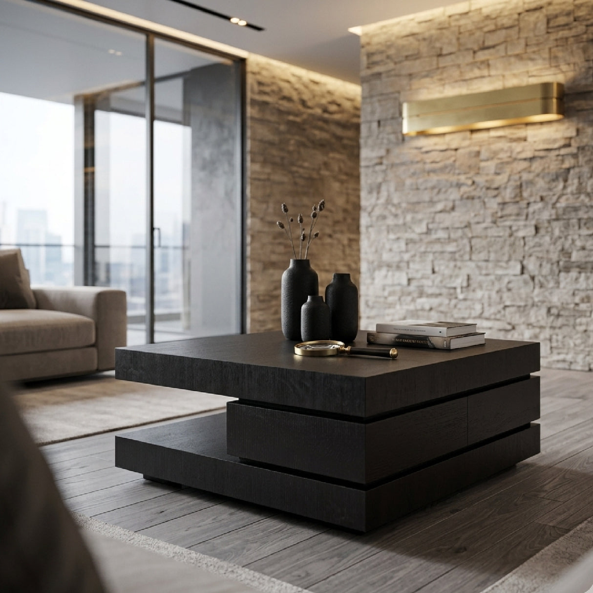 C-Shape Black Oak Coffee Table | Oroa.com