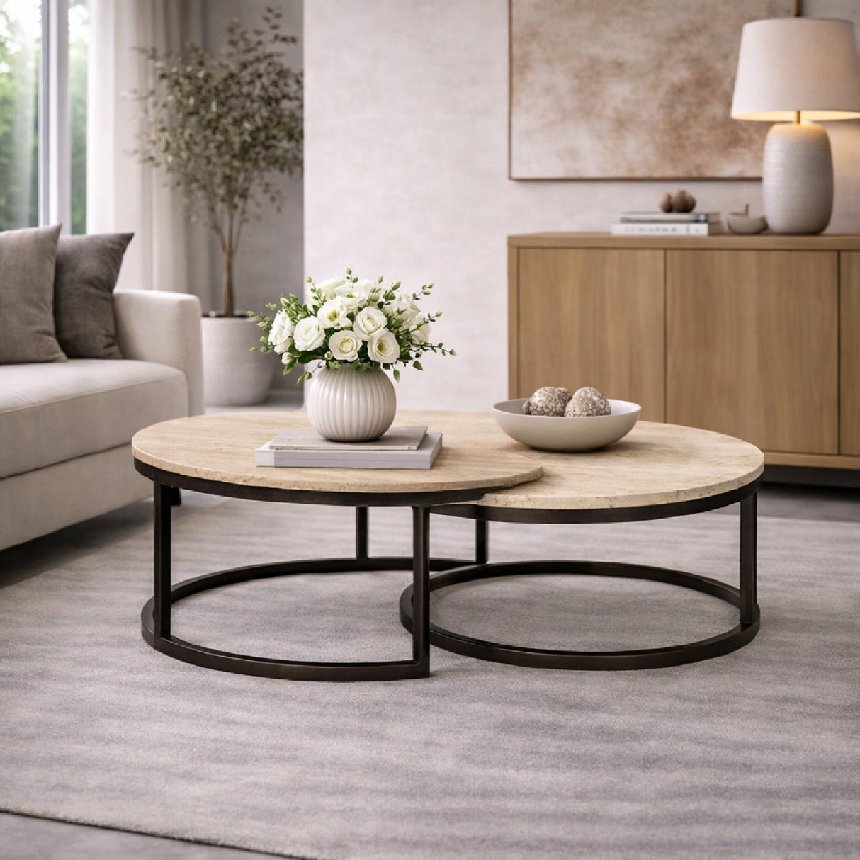 Round Travertine Nesting Coffee Tables (2) | Oroa.com