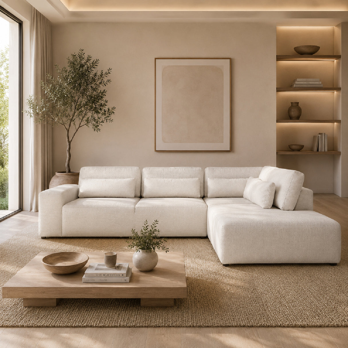 Cream 3-Seater Sofa with Ottoman | Oroa.com