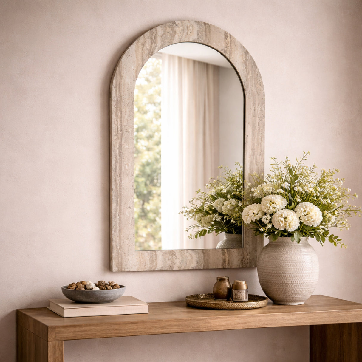 Gray Travertine Arched Mirror | Oroa.com