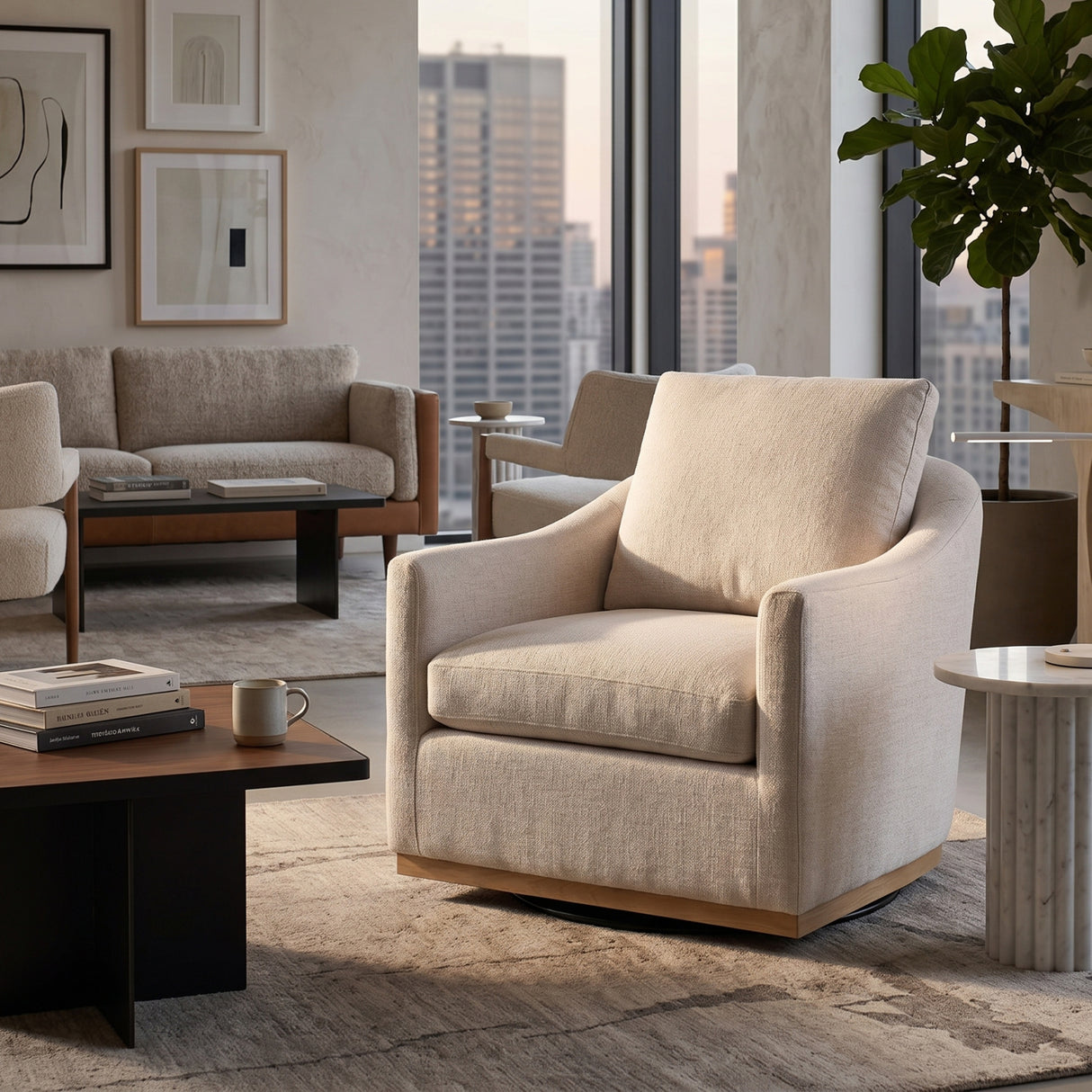 Modern European furniture - White Linen Swivel Lounge Chair - www.oroa.com | Oroa.com