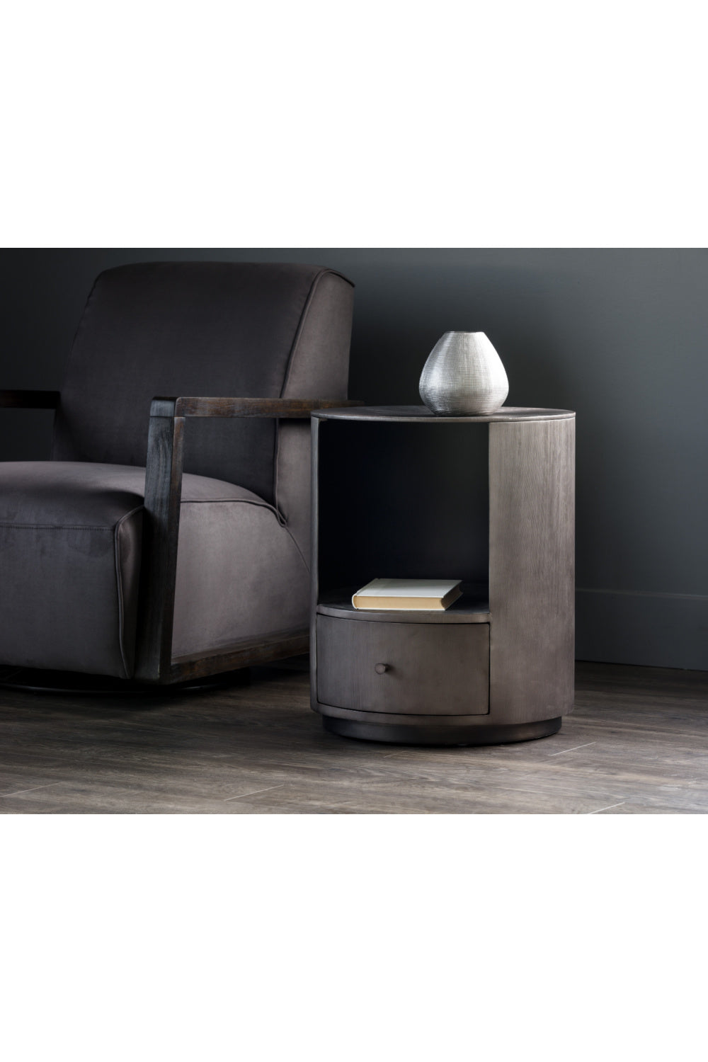 Modern European furniture - Round Gunmetal 1-Drawer Nightstand - www.oroa.com