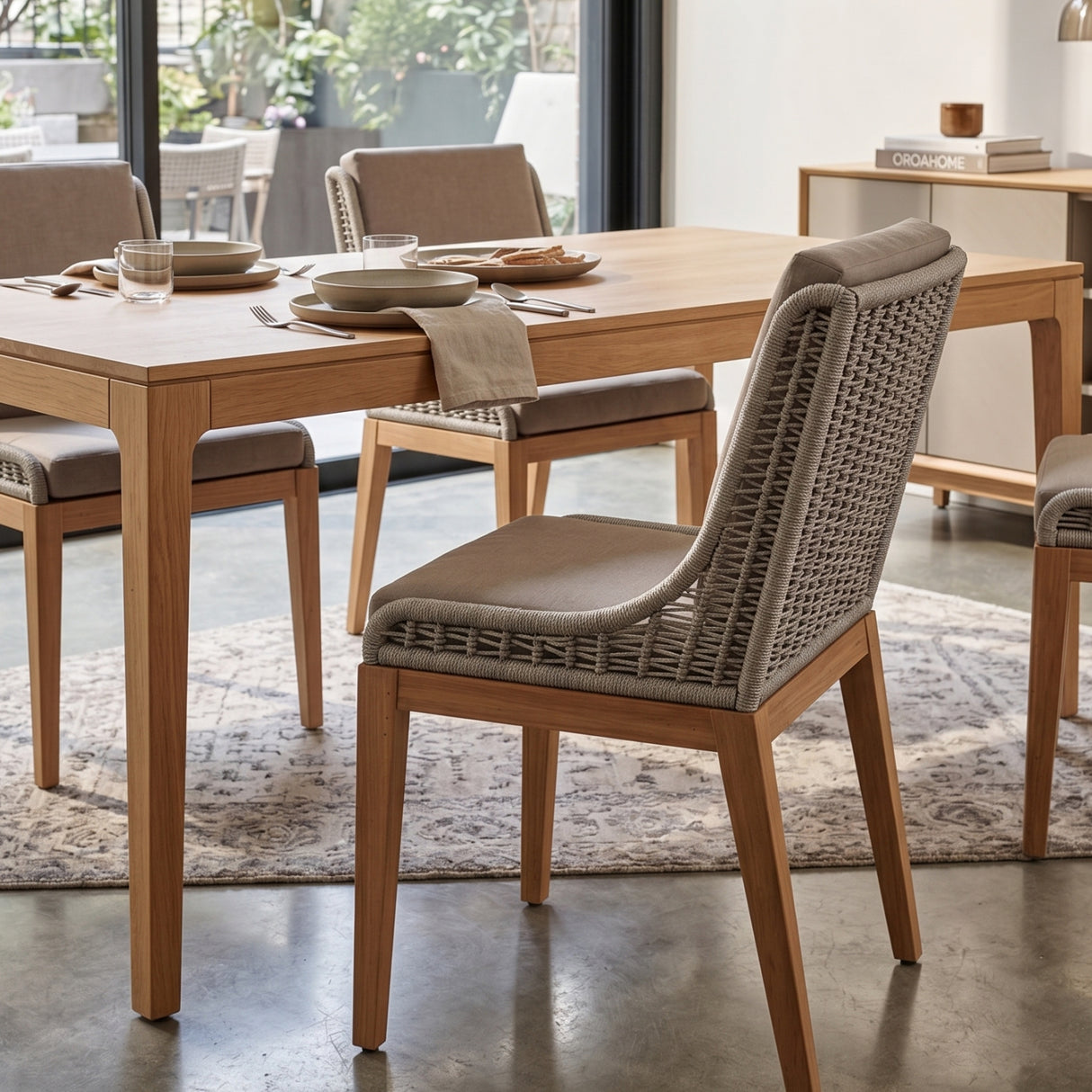 Contemporary Indoor/Outdoor Teak & Woven Dining Chair | Oroa.com