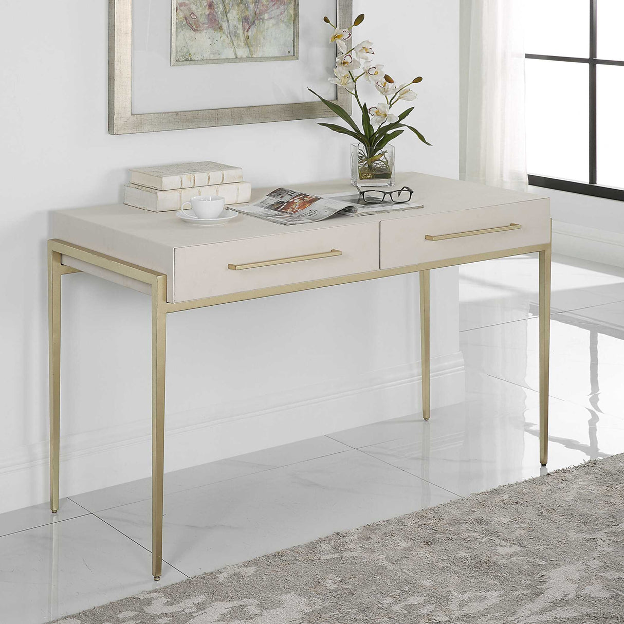 White Shagreen 2-Drawer Desk | Oroa.com