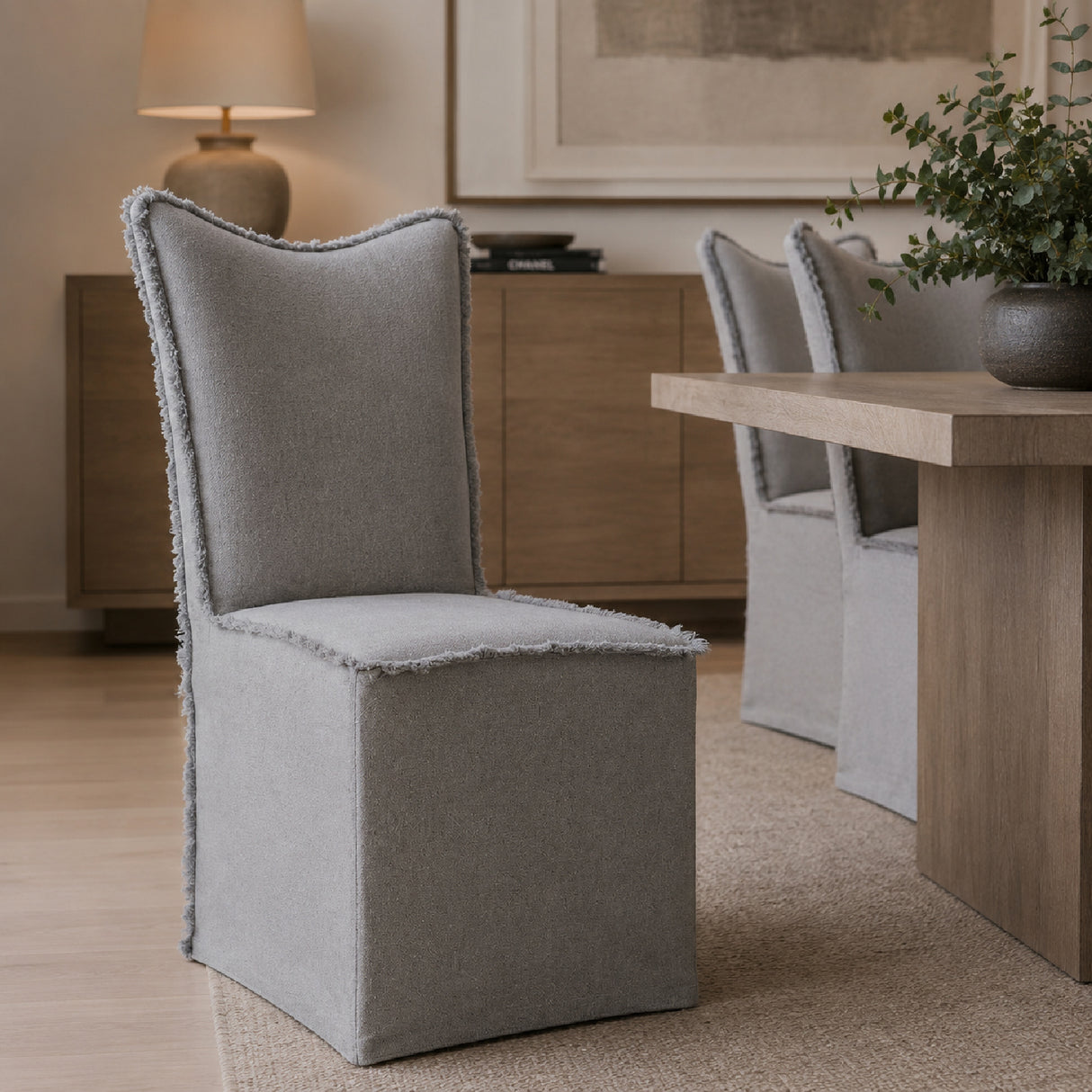 Gray Linen Fringed Dining Chairs (2) | Oroa.com