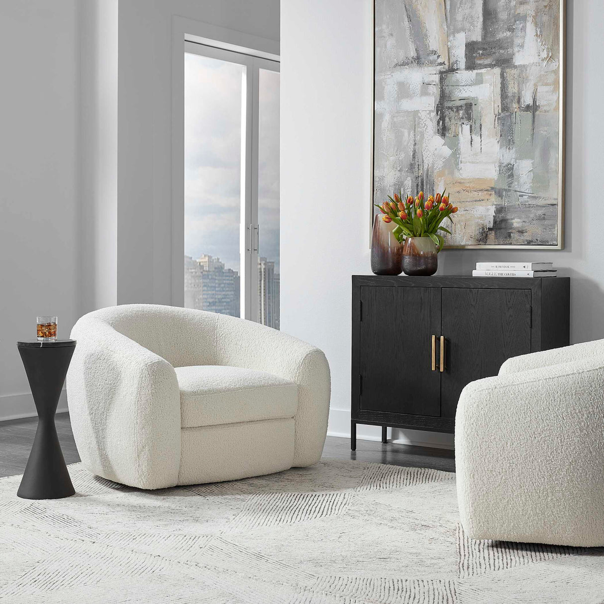 White Shearling Curved Swivel Chair | Oroa.com