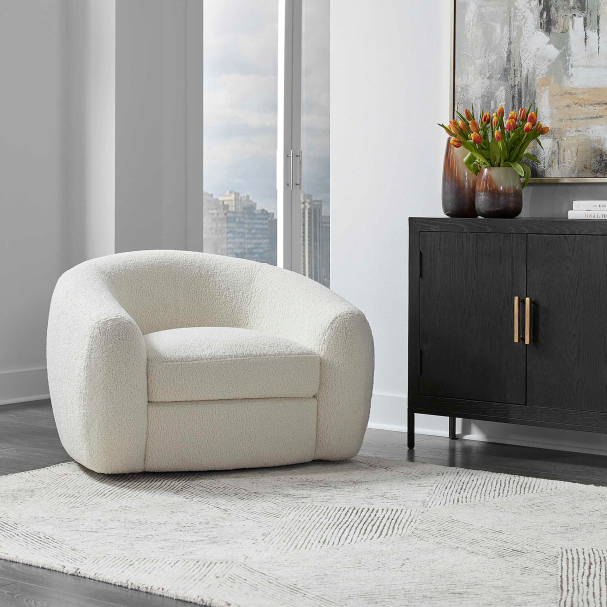 White Shearling Curved Swivel Chair | Oroa.com