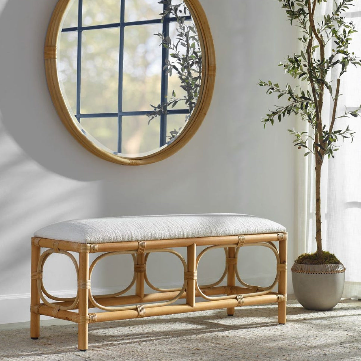 Rattan Base White Fabric Bench | Oroa.com