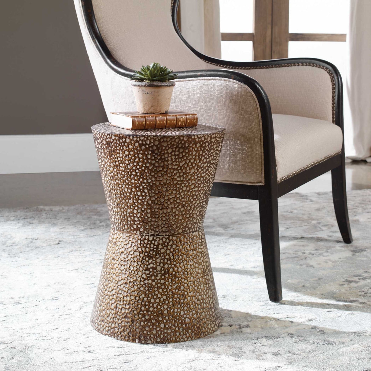 Hammered Bronze Hourglass Accent Table | Oroa.com