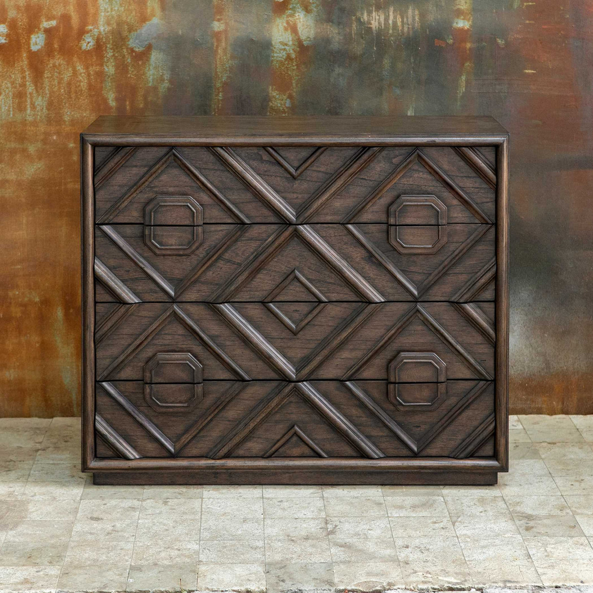 Geometric Carved 4-Drawer Chest | Oroa.com