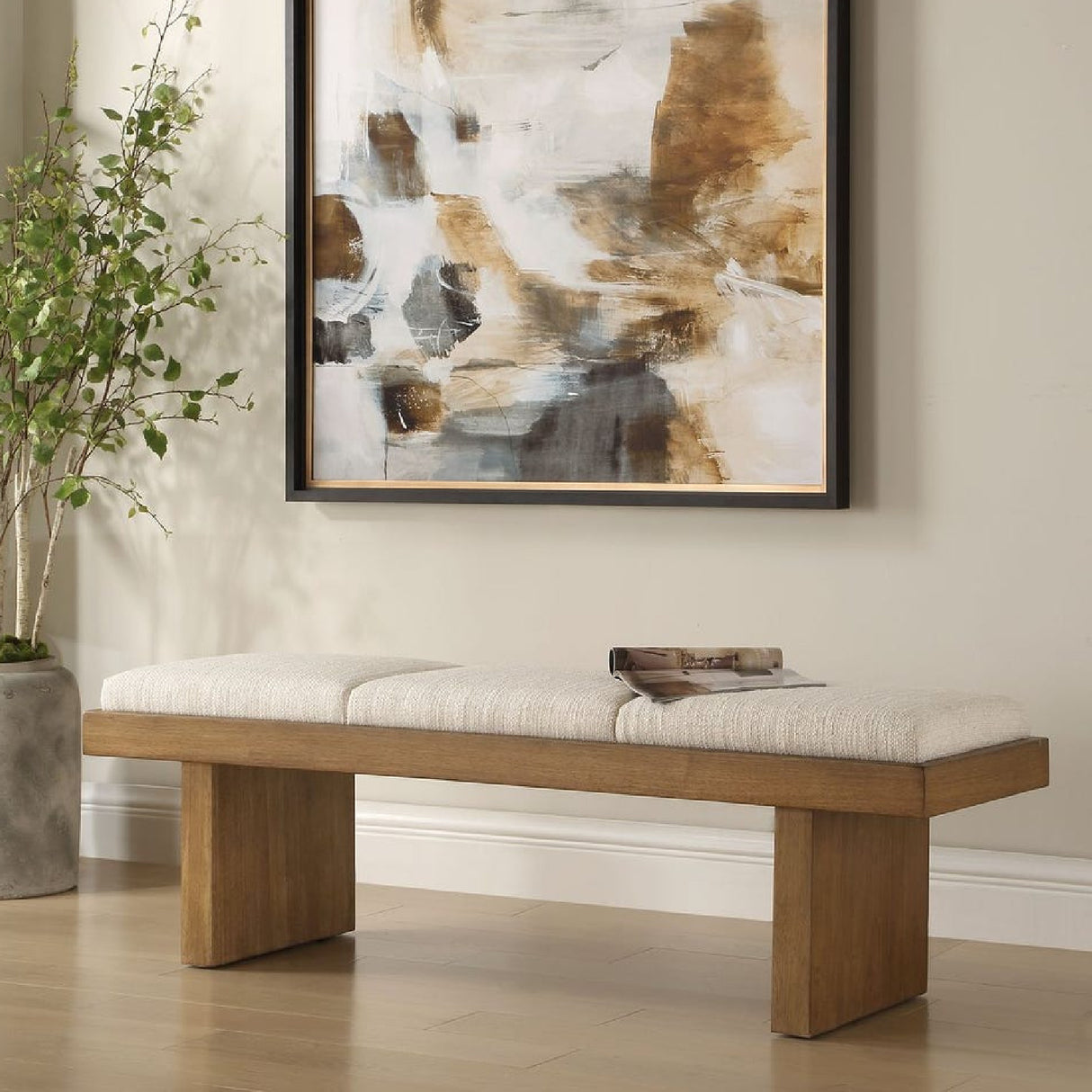 Wood Framed White Boucle Bench | Oroa.com