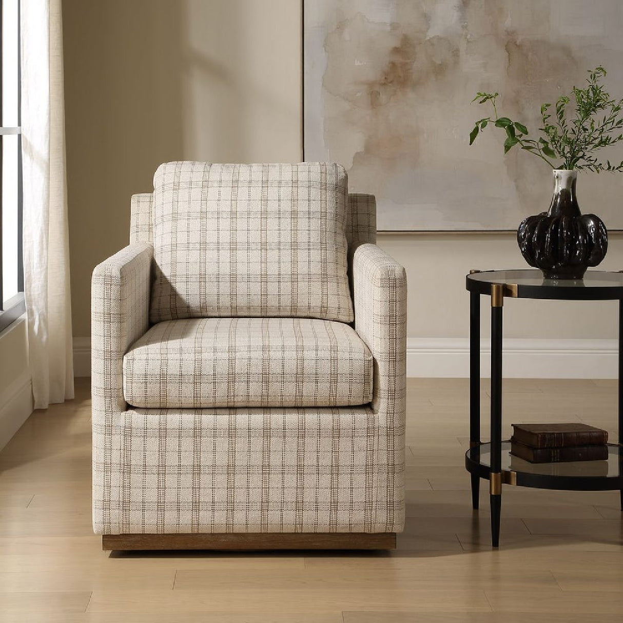 Beige Plaid Linen Swivel Chair | Oroa.com