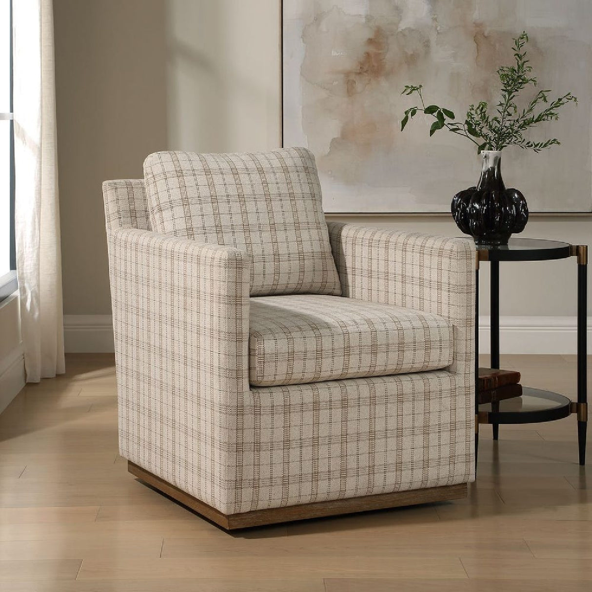 Beige Plaid Linen Swivel Chair | Oroa.com