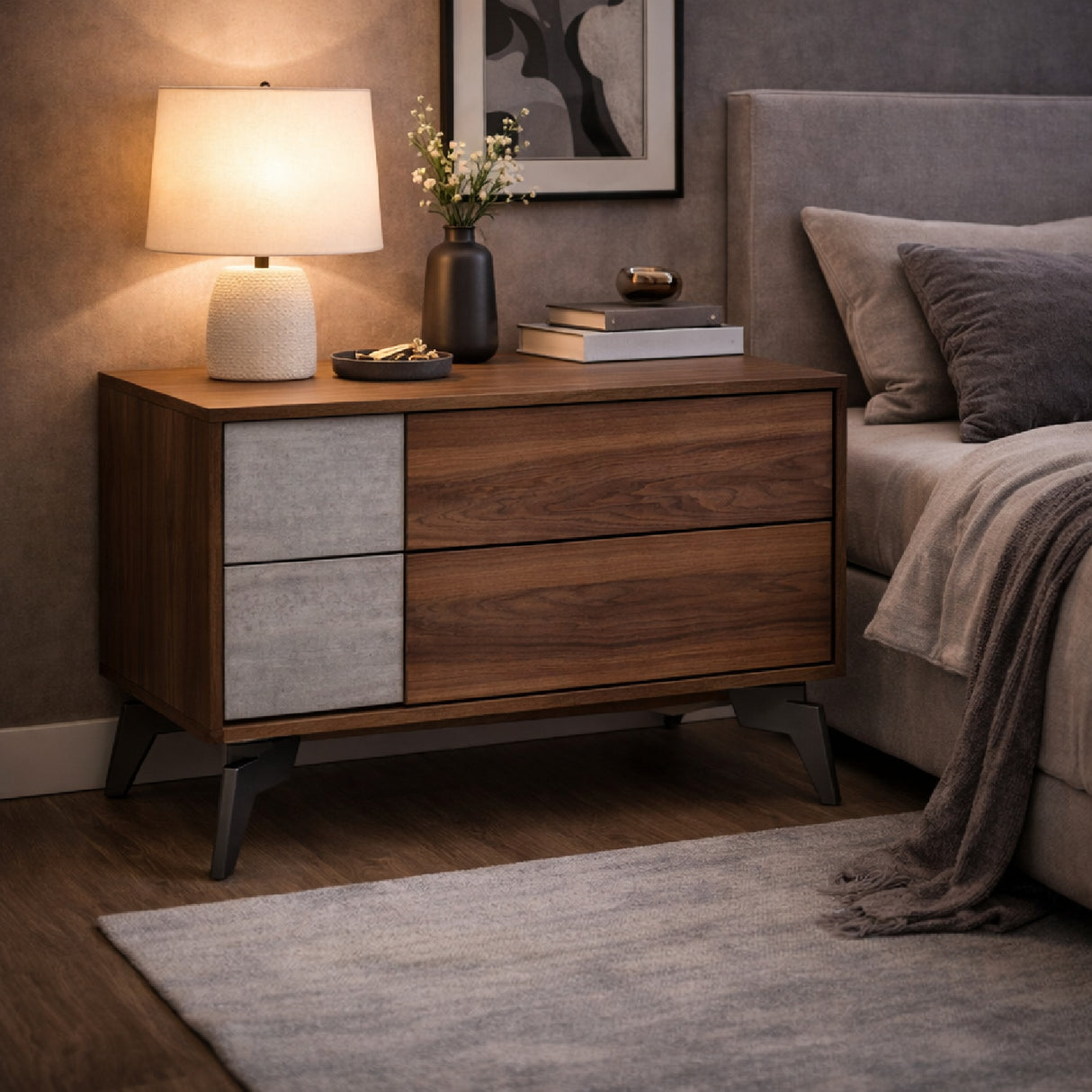 Concrete and Walnut 2-Drawer Nightstand | Oroa.com
