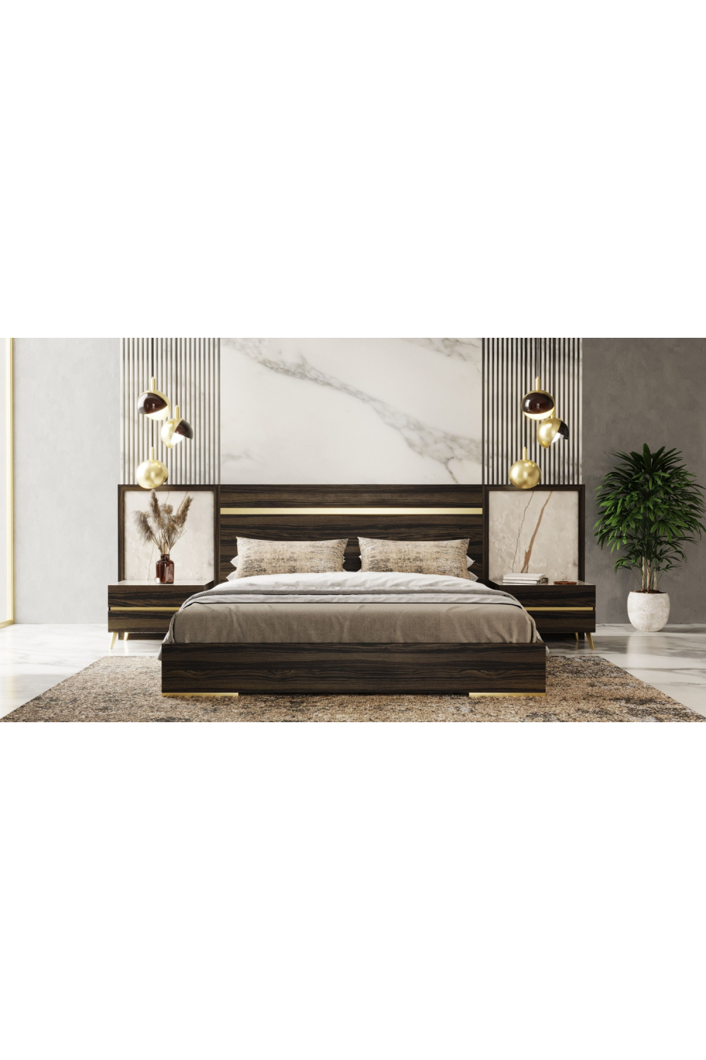Velondra - Modern Eucalypto + Marble Bed with Two Nightstands | Oroa.com