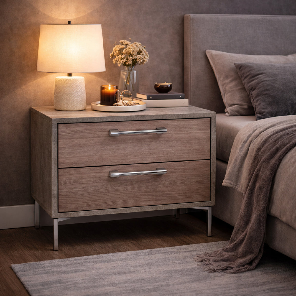 Brown Oak 2-Drawer Nightstand | Oroa.com