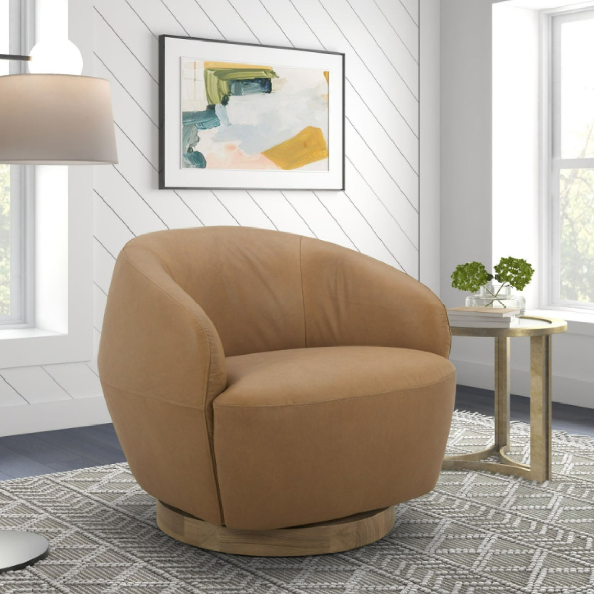 Tan Leather Swivel Accent Chair | OROA Modern Agatha