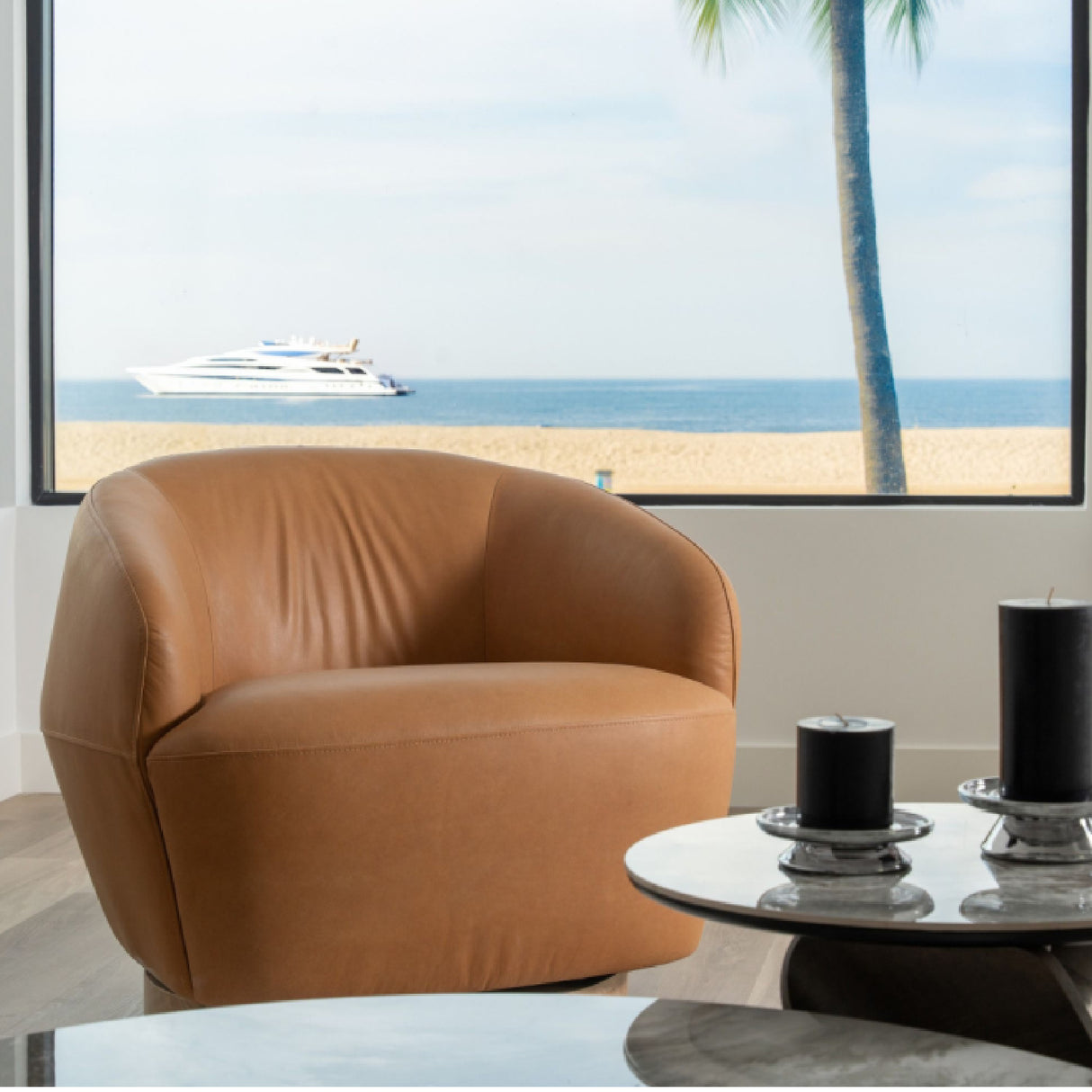 Tan Leather Swivel Accent Chair | OROA Modern Agatha