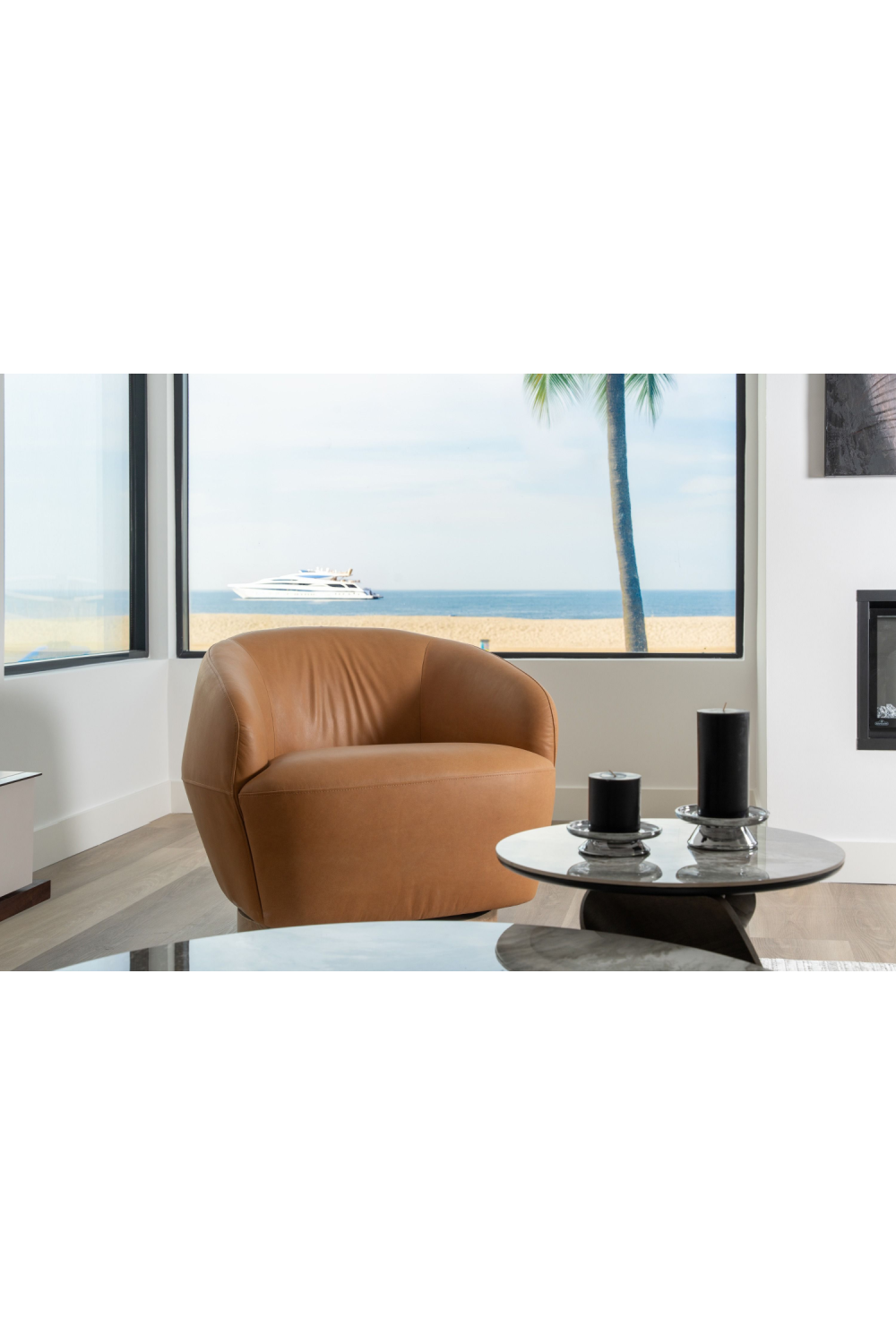 Tan Leather Swivel Accent Chair | OROA Modern Agatha | Oroa.com