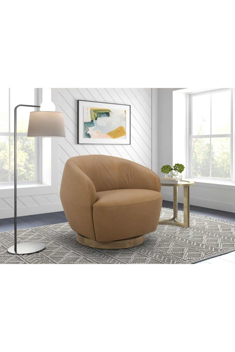 Tan Leather Swivel Accent Chair | OROA Modern Agatha | Oroa.com