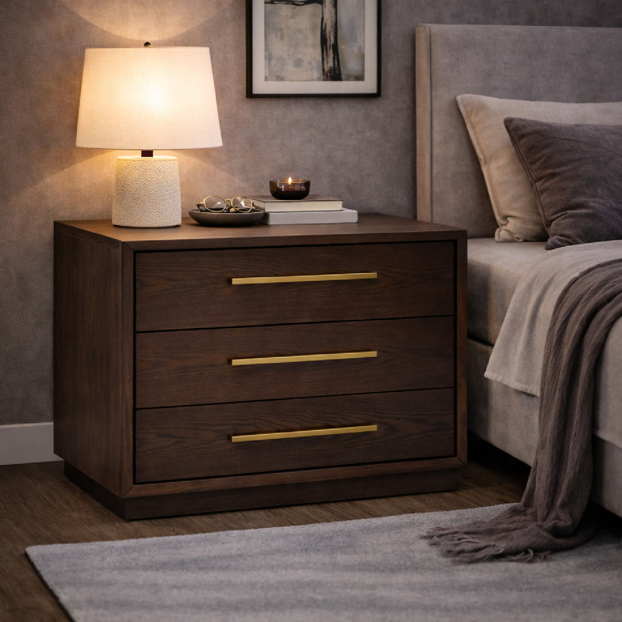 Brown Oak 3-Drawer Nightstand | Oroa.com