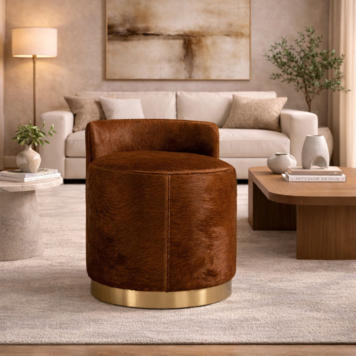 Brown Cowhide Leather Ottoman | Oroa.com