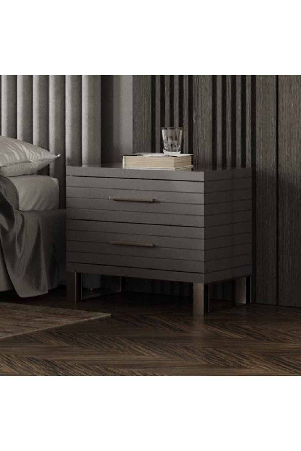 Gray Slatted 2-Drawer Nightstand | OROA Modern Splendor | Oroa.com