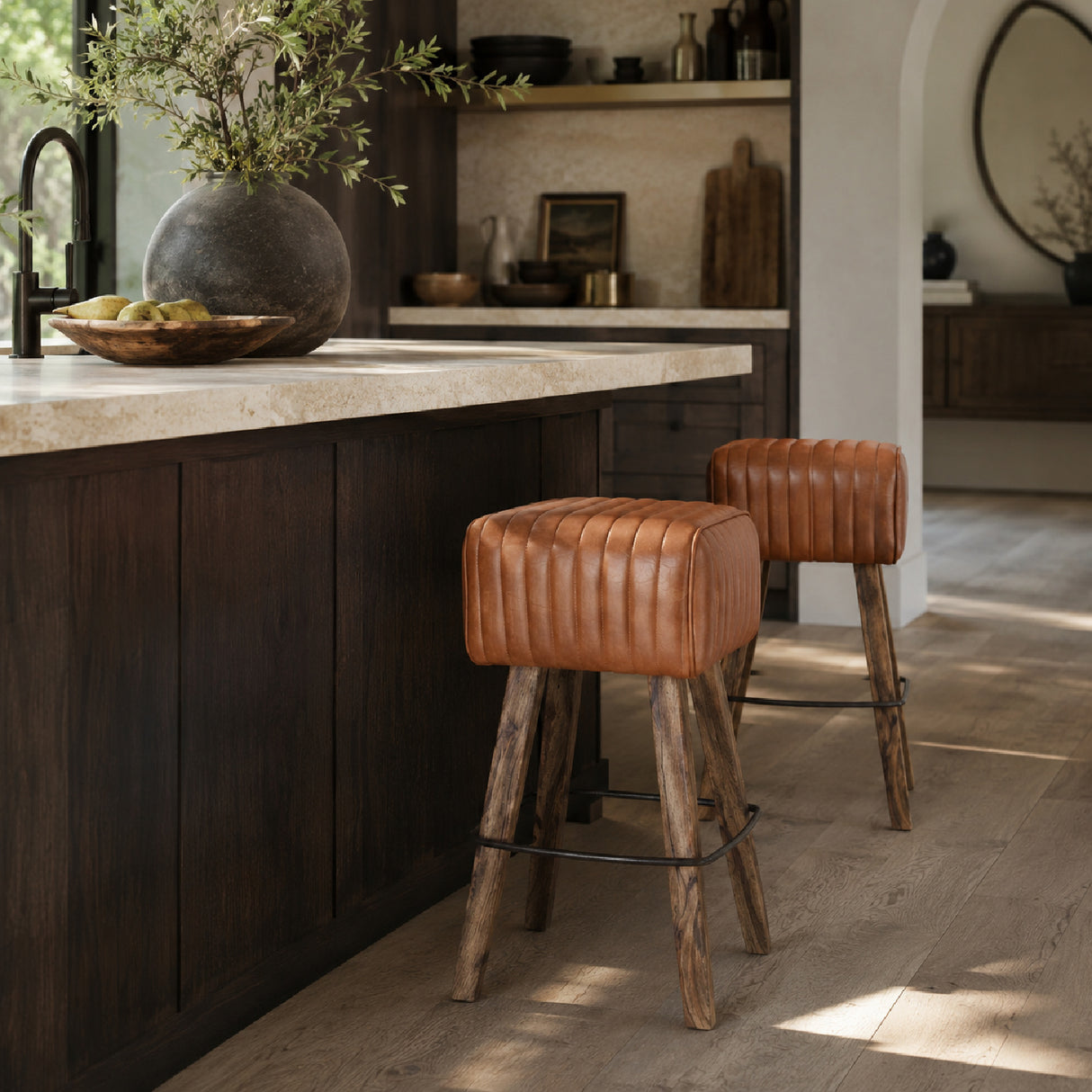 Brown Leather Channeled Stool | Oroa.com